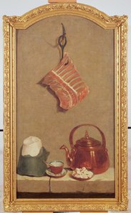 肉、やかん、カップ、シュガーローフ、砂糖の塊のある静物